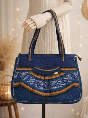 Vintage Mexican Woven Shoulder Bag Geometric Zip Tote Boho Hippie Artisan Blue